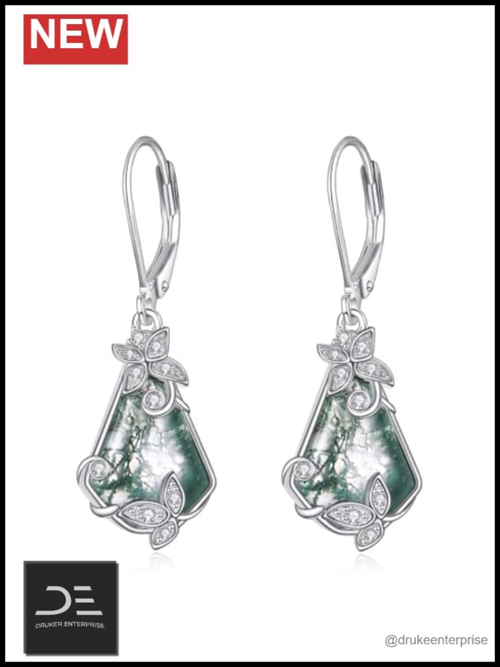 Moss Agate Earrings 925 Sterling Silver Leaf Dangle Gift for Women